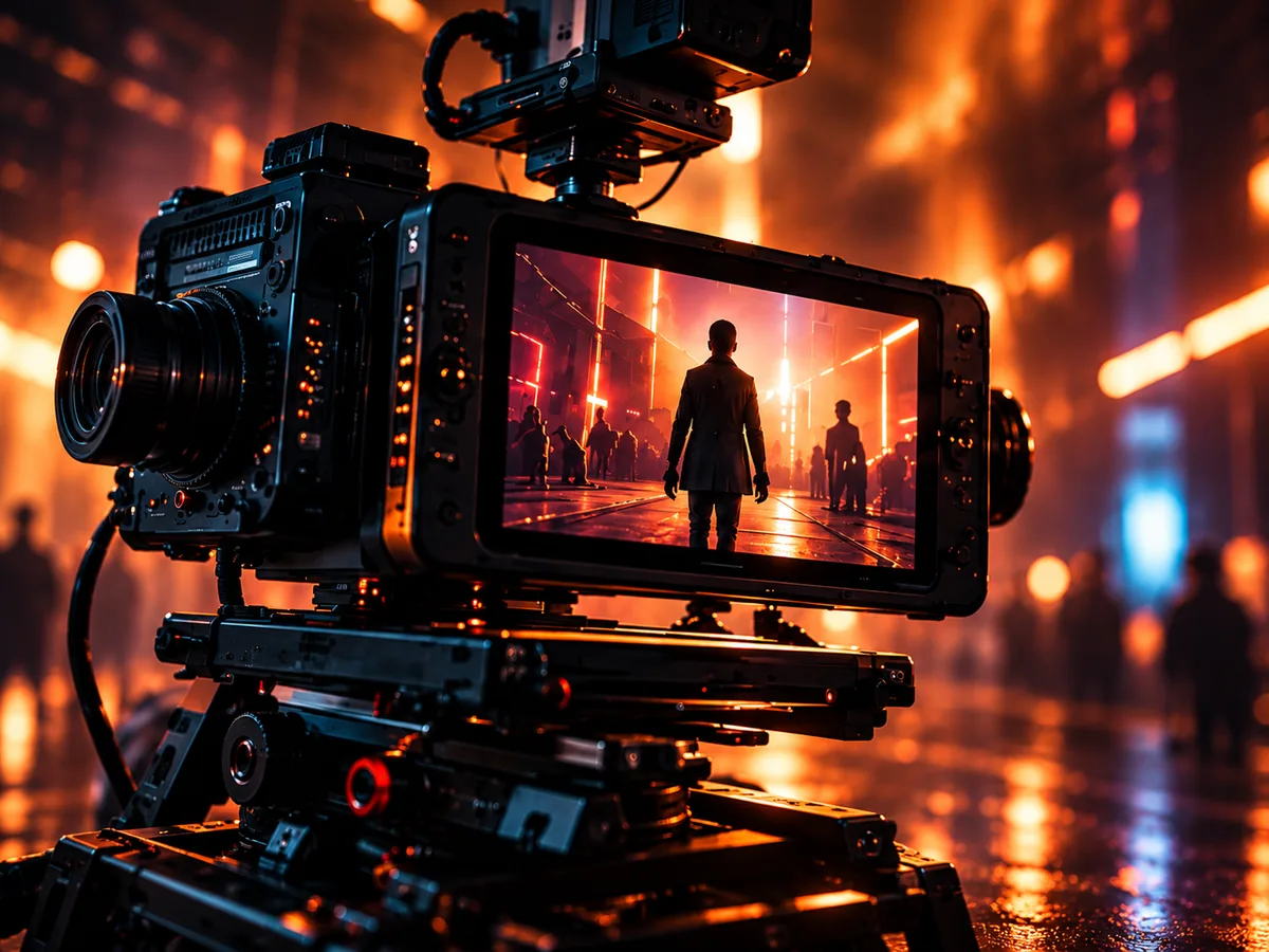 Cinema camera on a rig, its monitor showing a figure in a neon-lit street